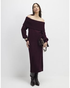 River Island Knit Long Sleeve Bardot Midi Dress - Purple