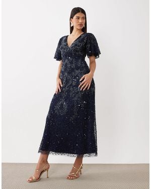 Beauut Embellished V Neck Wrap Flutter Sleeve Maxi Dress - Blue