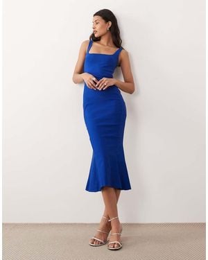 Vesper Bengaline Sleeveless Square Neck Fishtail Midi Dress - Blue