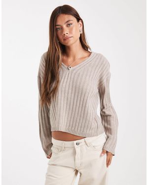 Brave Soul Ribbed V Neck Sweater - Natural