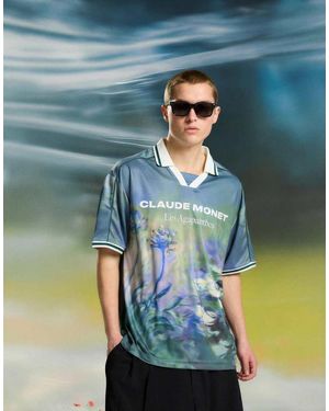 Bershka Claude Monet Agapanthes Short Sleeve Polo Shirt - Blue