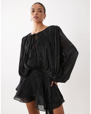 Lioness Elements High Sheen Chiffon Drape Detail Balloon Sleeve Tie Waist Mini Dress - Black