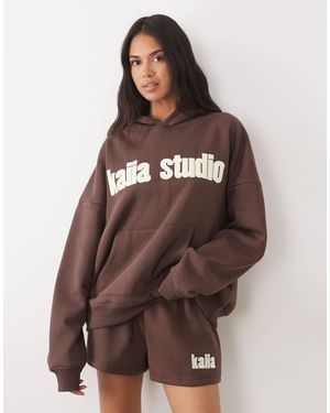 Kaiia Studio Cotton Rich Embroidered Logo Oversized Hoodie Co-ord - Brown