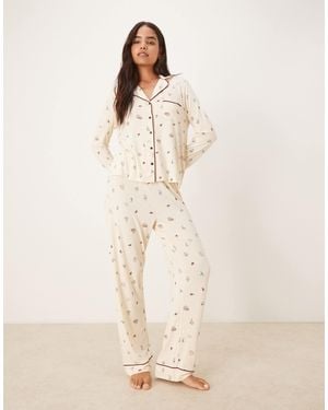ASOS Super Soft Long Sleeve Shirt & Trouser Pajama Set With Contrast Piping - Natural