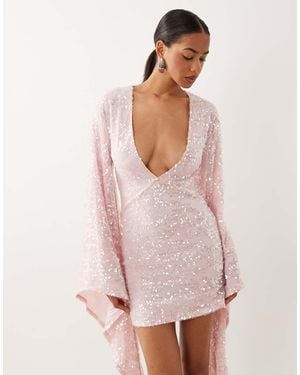 ASOS Sequin Plisse Batwing Mini Dress With Ruching Detail - Pink