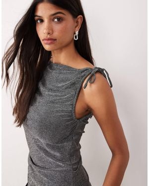 Aware Asymmetric Tie Shoulder Detail Glitter Top - Gray