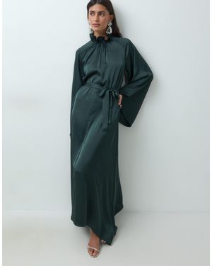 Iyal Satin Ruffle High Neck Belted Wide Sleeve Maxi Dress - Green