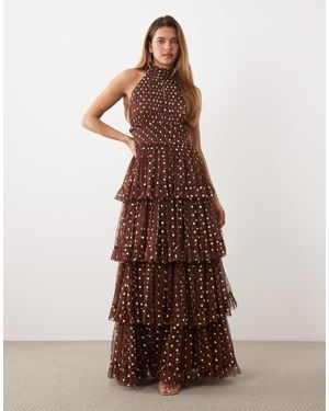 LACE & BEADS Tulle Tiered High Neck Maxi Dress - Brown