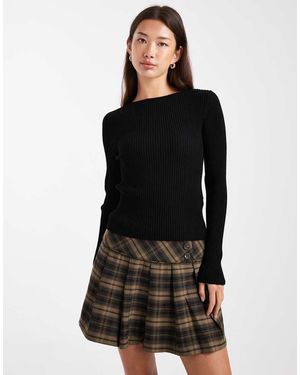 Miss Selfridge Rib Knit Slash Neck Long Sleeve Top - Black