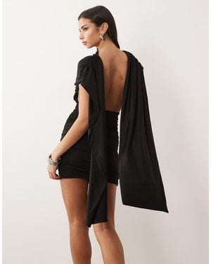 Aria Cove Double Sculpted Slinky Cape Drape Detail Open Back Mini Dress - Black