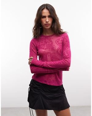 AFRM Kaylee Mesh Crew Neck Long Sleeve Tee - Red