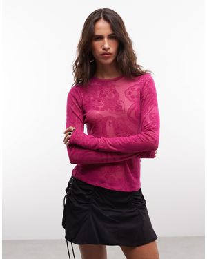 AFRM Kaylee mesh-shirt mit rundhalsausschnitt und langen ärmeln - Rot