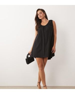 Fashionkilla Exclusive Cotton Rich Poplin Scoop Ruched Neck Detail Trapeze Mini Dress - Black