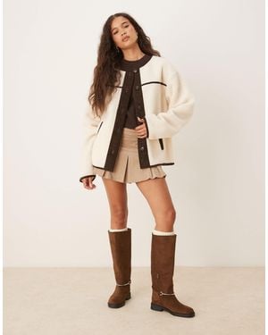 ASOS Borg Fleece Cardigan With Chocolate Cord Trim - Natural