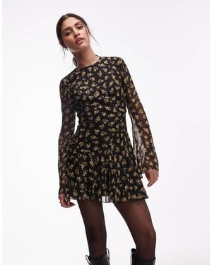 ASOS Robe courte à manches longues et jupe volantée - imprimé fleuri - Noir