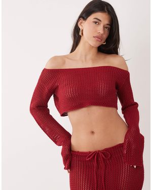 Aria Cove Open Crochet Off Shoulder Flare Sleeve Beach Crop Top Co-ord - Red