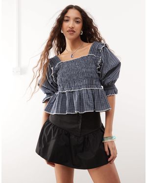 Collusion Extreme Ruched Puff Sleeve Blouse With Contrast Ties - Blue