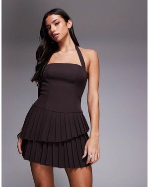 Kaiia Exclusive Tailored Halter Neck Asymmetric Ruffle Tiered Mini Dress - Grey