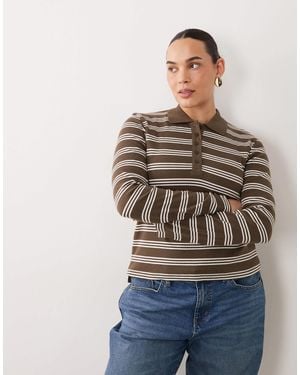 Brave Soul Brave Soul Curve Long Sleeve Ribbed Polo Top - Natural