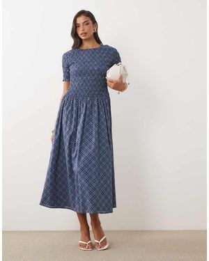 Nobody's Child Vestido Midi Con Frunces Y Mangas Abullonadas - Azul
