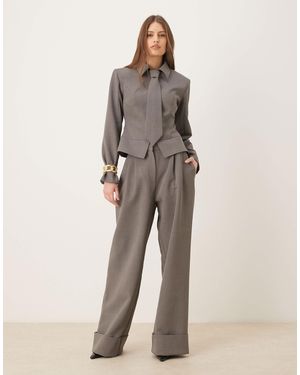Wanderdoll Exclusive Gabriella Turned Up Tailored Wide Leg Trousers Co-Ord - Natural