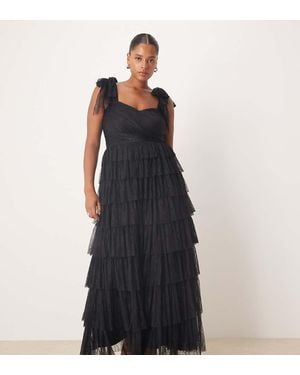Lace & Beads Plus Lace Bow Shoulder Tiered Maxi Dress - Blue