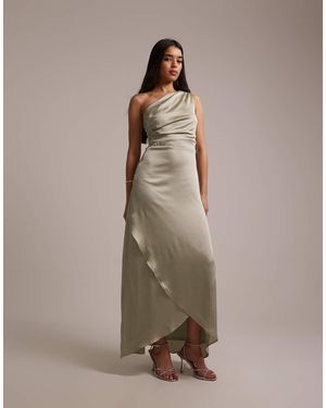 TFNC London Bridesmaid Satin One Shoulder Wrap Skirt Maxi Dress - White