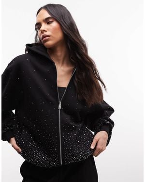CERNUCCI Rhinestone Embellished Oversized Zip Through Hoodie Co-Ord - Black
