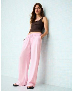 Bershka Linen Blend Trousers With An Elasticated Waistband - White