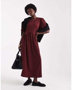 Wednesday's Girl Textu Plaid Puff Sleeve Midaxi Dress - Red