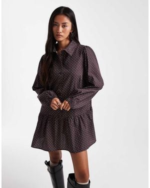 Miss Selfridge Vestito Camicia Corto A Pois Con Vita Scesa - Marrone