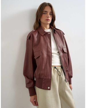 TOPSHOP Faux Leather Bomber Jacket - Brown