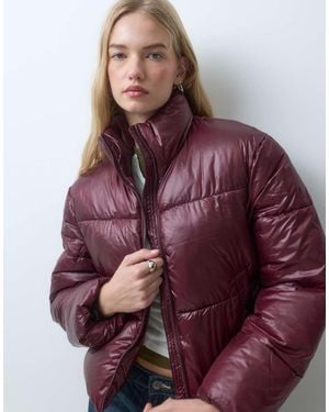 Pieces Funnel Neck Short Padded Coat - Purple