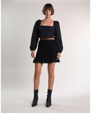 NARRATED Long-Puff-Sleeve-Tie-Detail Crop-Top - Black