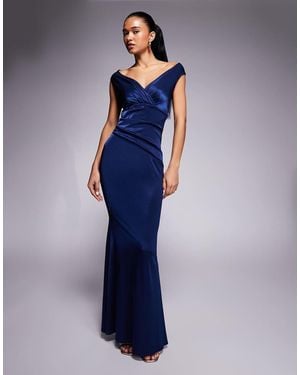 Goddiva Satin Off The Shoulder Maxi Dress - Blue