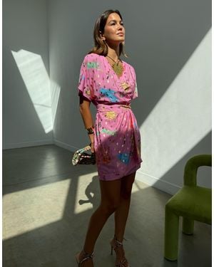 Never Fully Dressed Short Sleeve Tie Detail Wrap Mini Dress - Pink