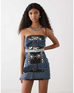 Ed Hardy Climbing Rose Denim Biker Bandeau Dress - Blue