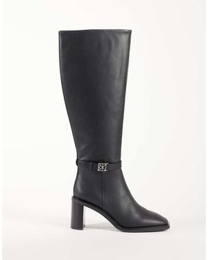 Calvin Klein Leather High Knee Boots With Block Heel And Logo Buckle Detail - Black