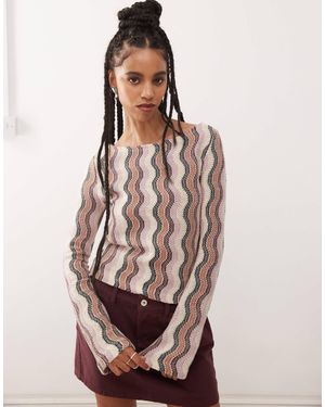 Reclaimed (vintage) Wavy Crochet Flare Sleeve Slash Neck Top - Multicolor