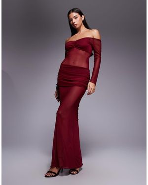 Fashionkilla Exclusive Mesh Long Sleeve Sheer Insert Ruched Detail Maxi Dress - Red