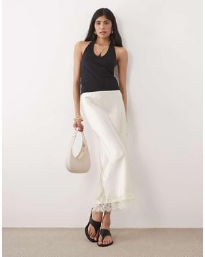 New Look Lace Trim Satin Midi Skirt - Natural