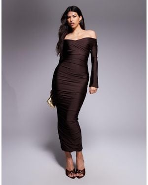 Ruched & Ready You Wish Sculpted High Shine Off Shoulder Sweetheart Neck Maxi Dress - Blue