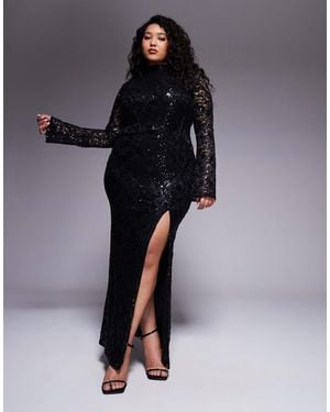 ASOS Asos Design Curve Embellished Lace Long Sleeve Maxi Dress With Split - Black
