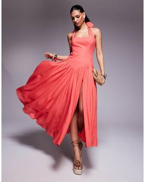 Bardot Halter Neck Drop Waist Maxi Dress - Red