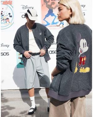 ASOS Disney Unisex Oversized Wool Look Bomber Jacket With Mickey Mouse Prints - Grey