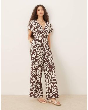 Mango Tuta Jumpsuit A Fiori Con Scollo A V E Cintura - Neutro