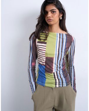 TOPSHOP Abstract Stripe Print Microfibre Long Sleeve Top - Blue