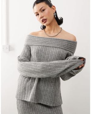 Collusion Knitted Ribbed Off The Shoulder Sweater - Grey