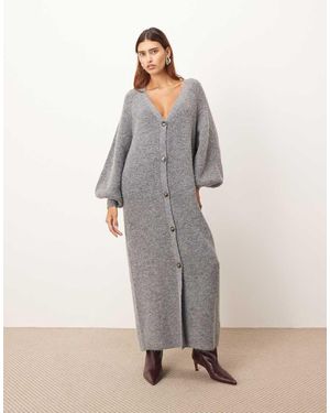 ARRANGE Knit Balloon Sleeve Button Through Midi Dress - Grey