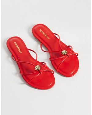 Glamorous Flat Sandals With Gold Detail - Red
